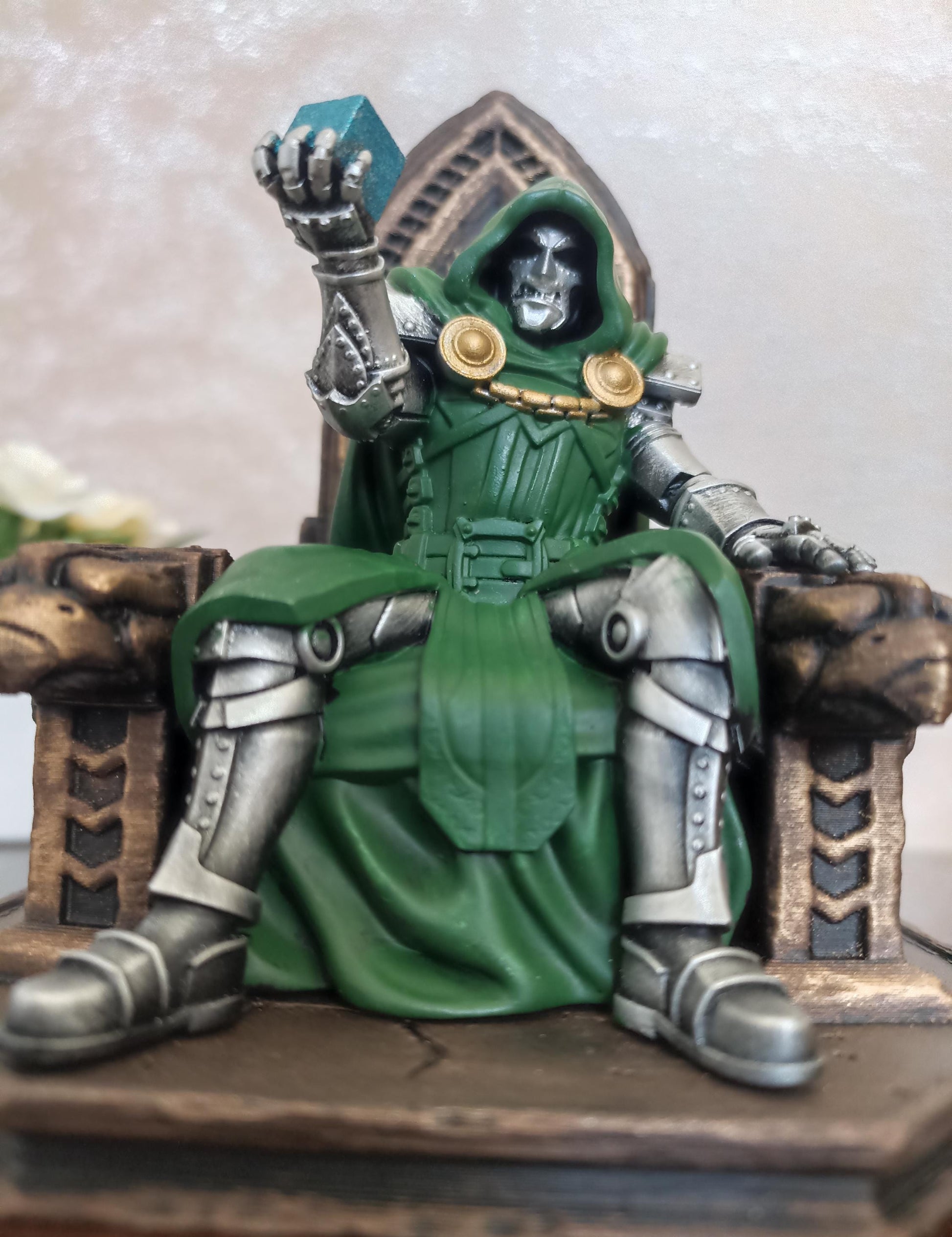 Dr. Doom on Throne Figure, Hand-Painted 3D Printed Resin Statue