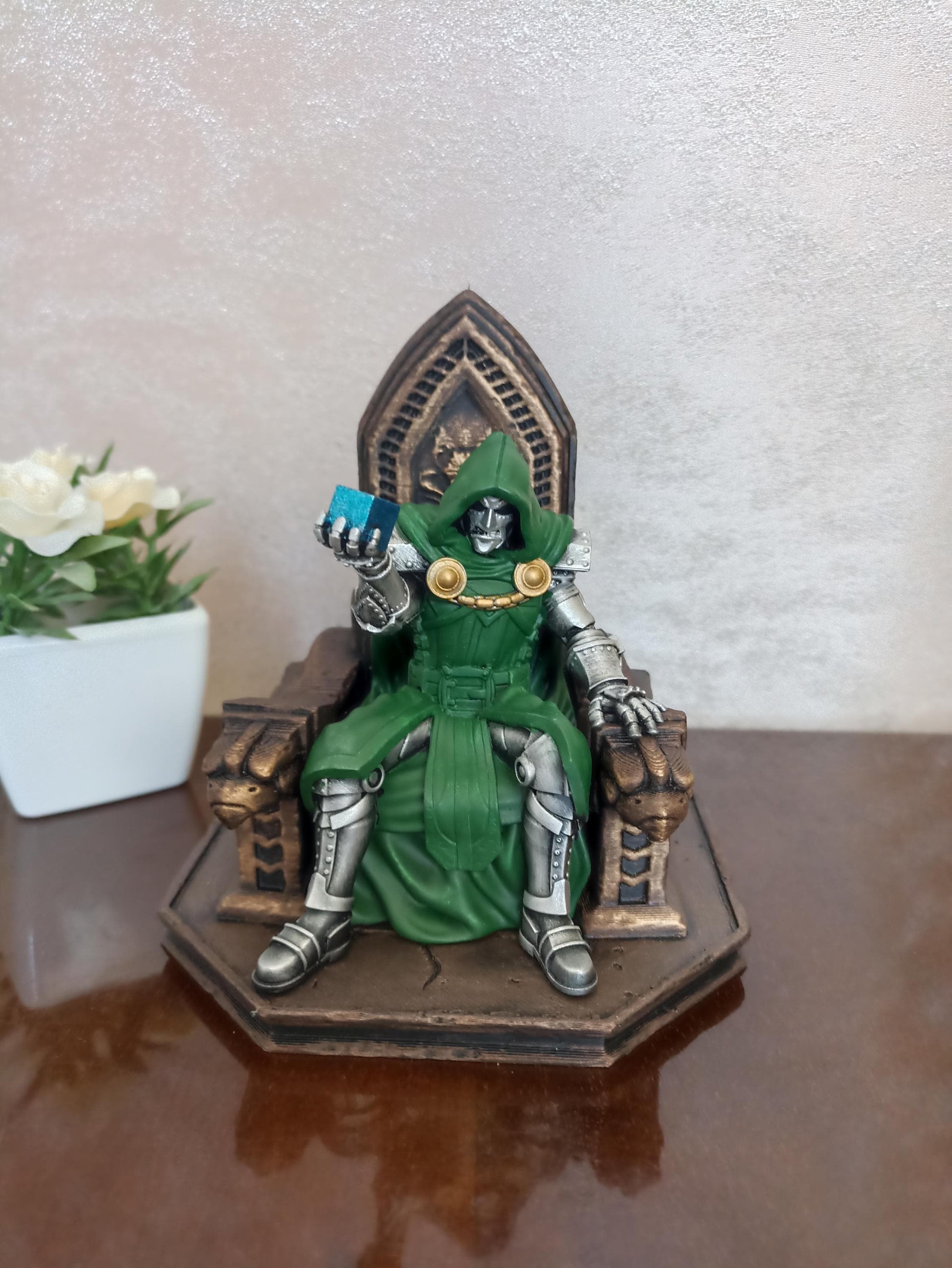 Dr. Doom on Throne Figure, Hand-Painted 3D Printed Resin Statue