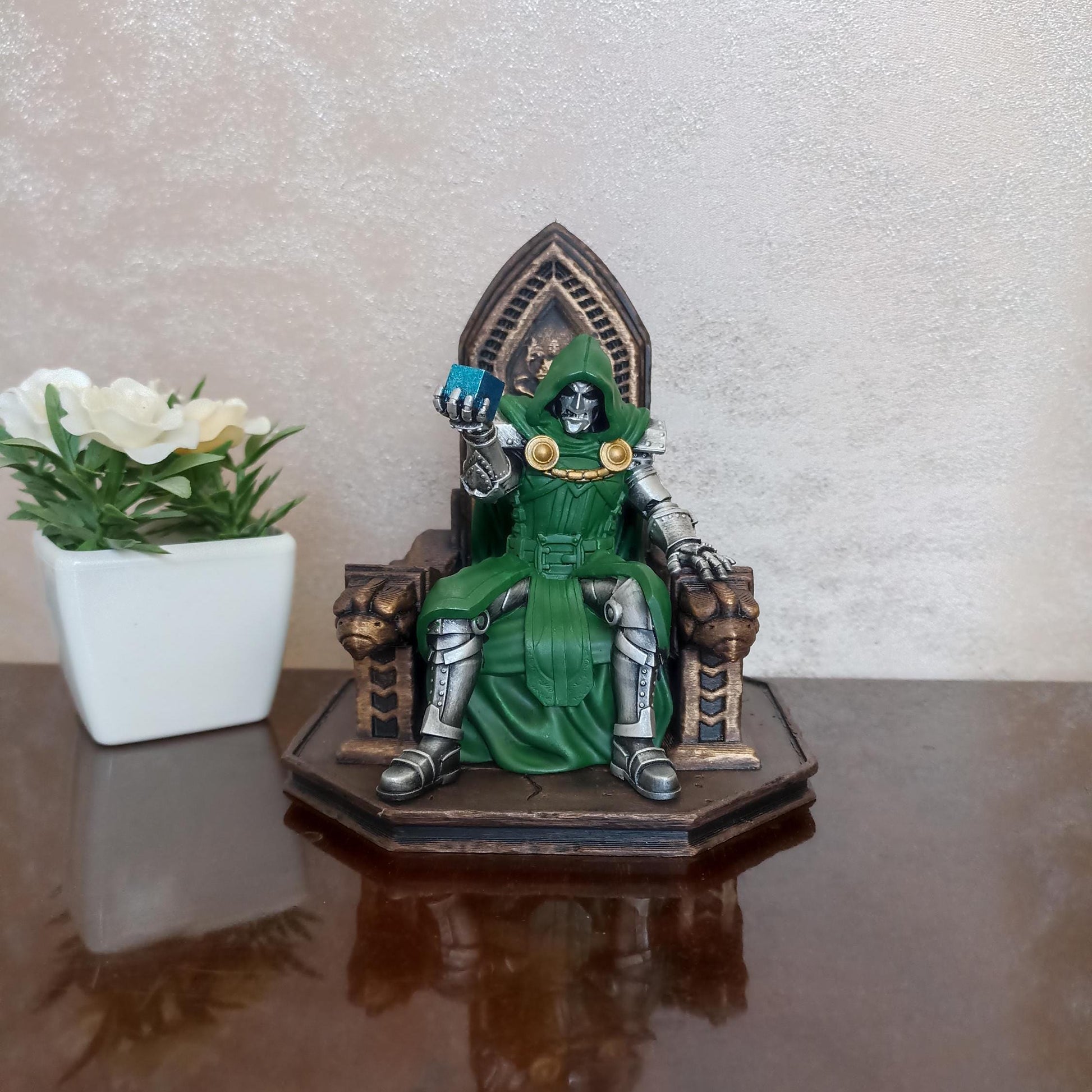 Dr. Doom on Throne Figure, Hand-Painted 3D Printed Resin Statue