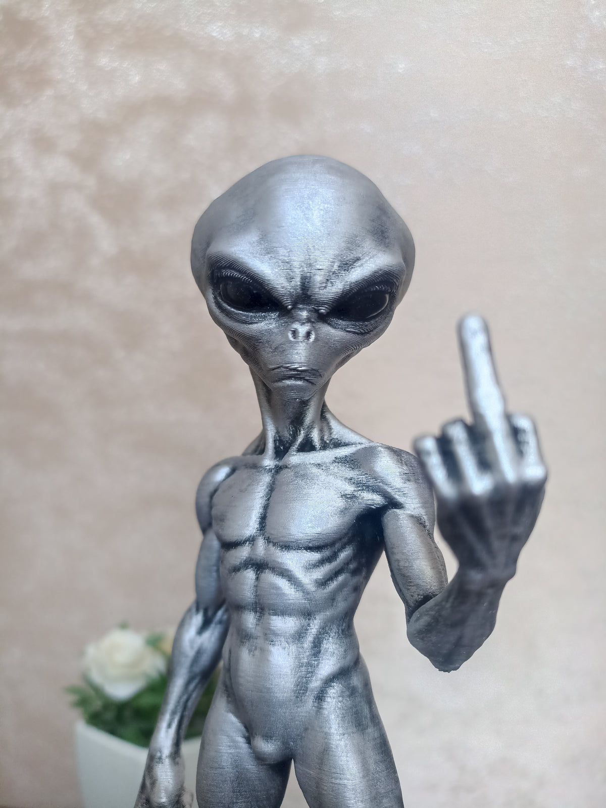 3D Printed Grey Alien Figure: Rebellious Pose