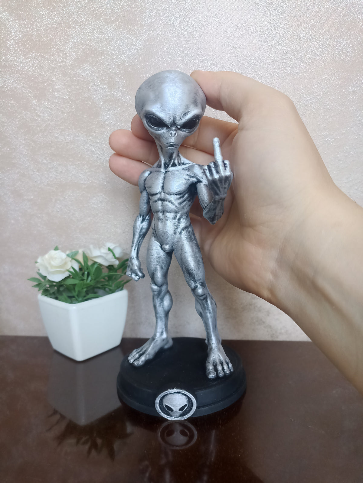 3D Printed Grey Alien Figure: Rebellious Pose