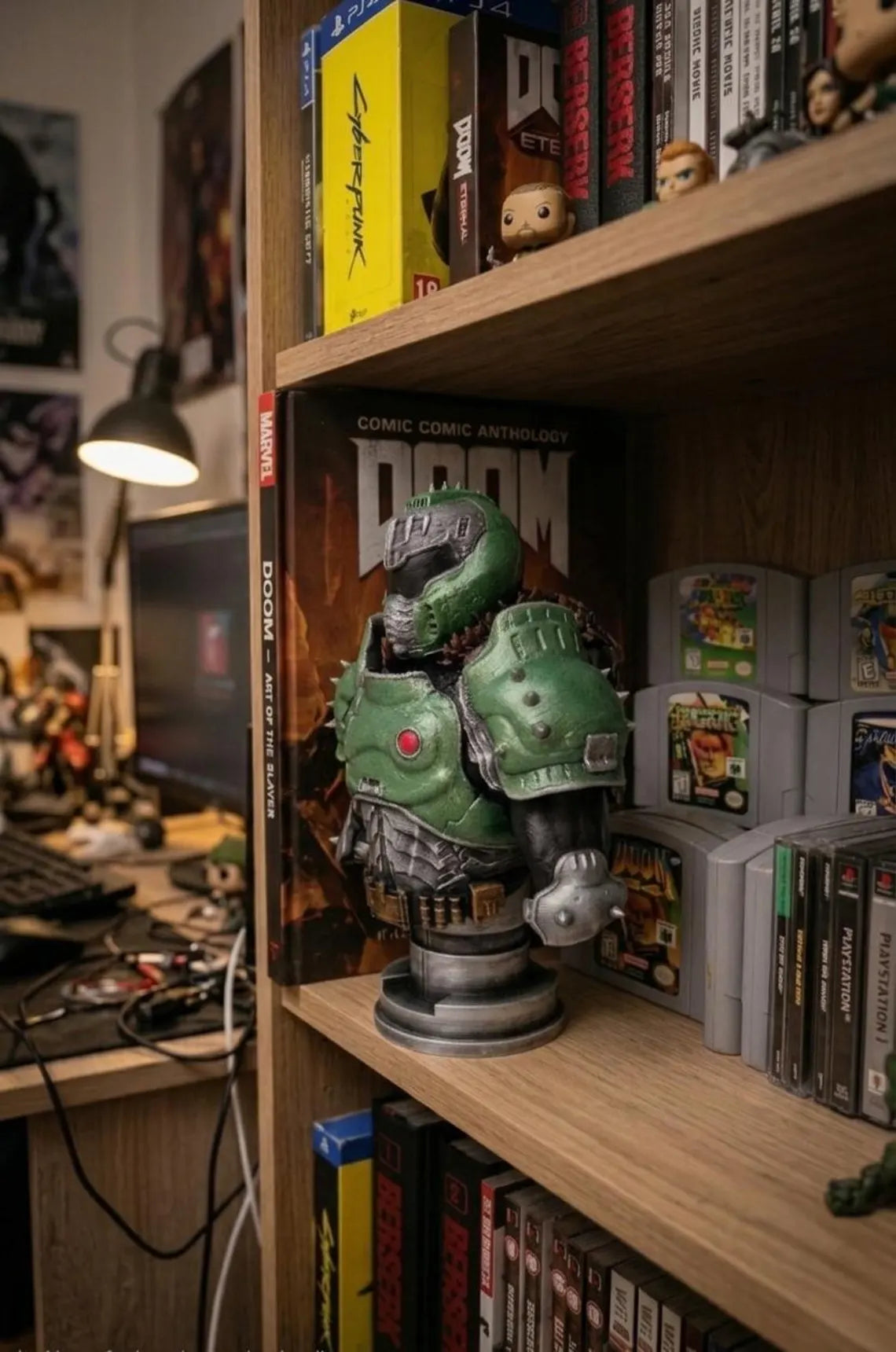 Doom Slayer helmet detail close-up, hand-painted Doom Eternal resin fan art figure
