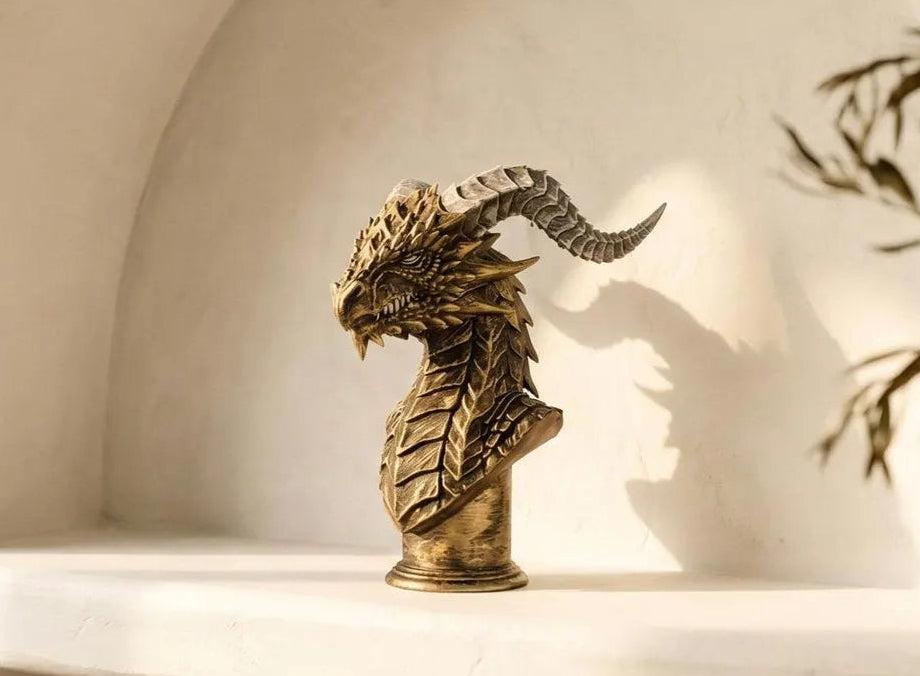 Horned Dragon Bust, Fantasy Dragon Statue
